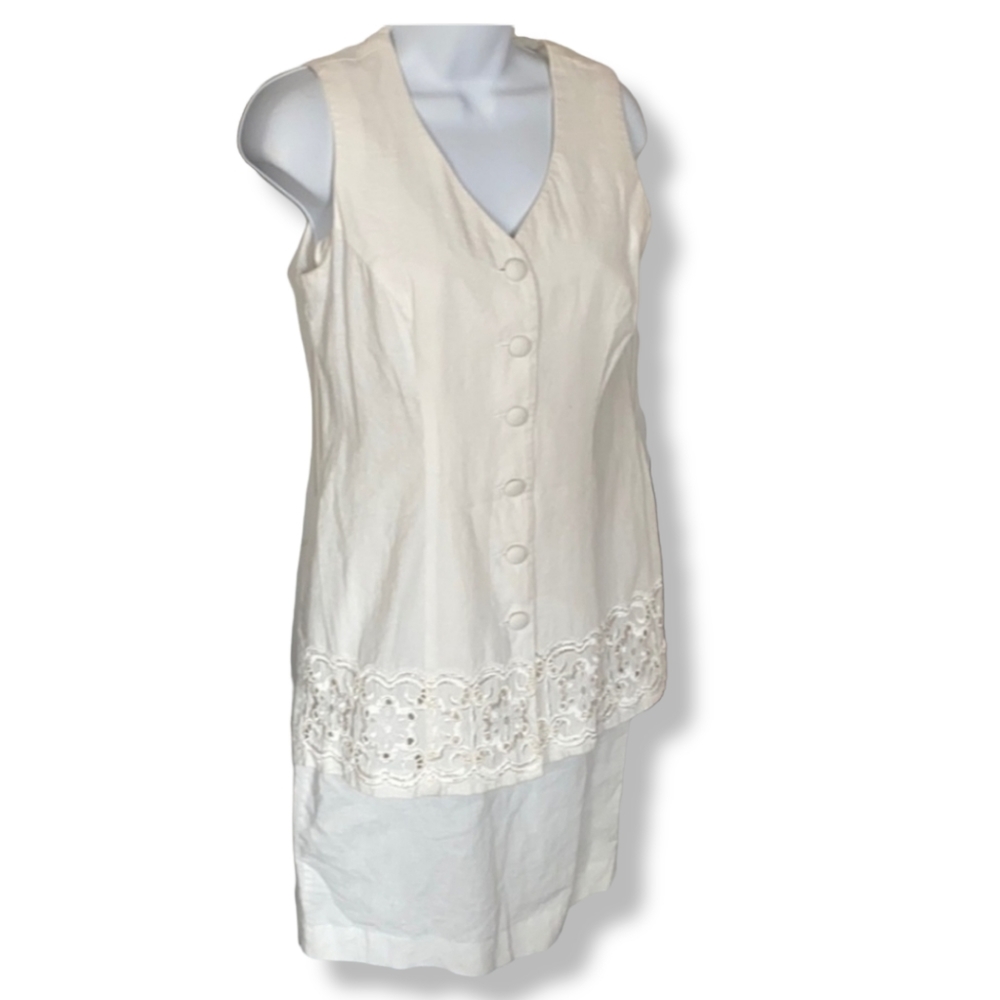 Vintage white unique cotton 80s eyelet lace embroidered white lagenlook dress s - Picture 1 of 6